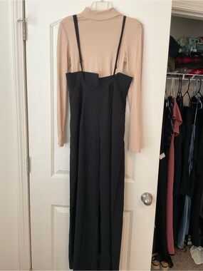Black Suspender Jumpsuit with Nude Mock Neck Top